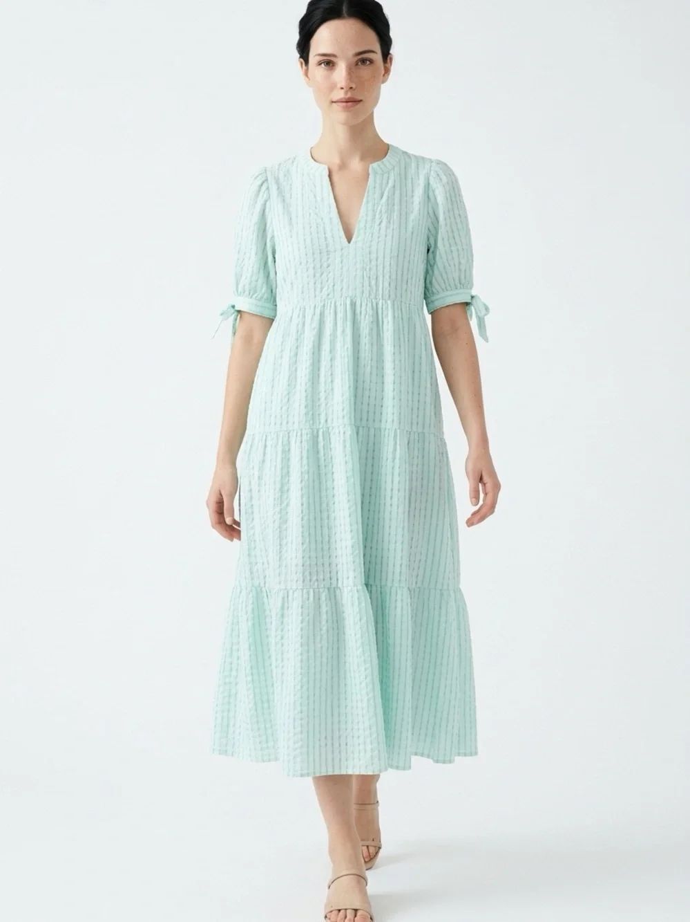 ENGLISH FACTORY | Mint Green Gingham Tiered Midi Dress Tie Sleeves Women’s L